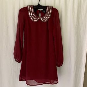 Iska London Dress Maroon Rhinestone Collar Long Sleeve US Sz 4 Small UK Small